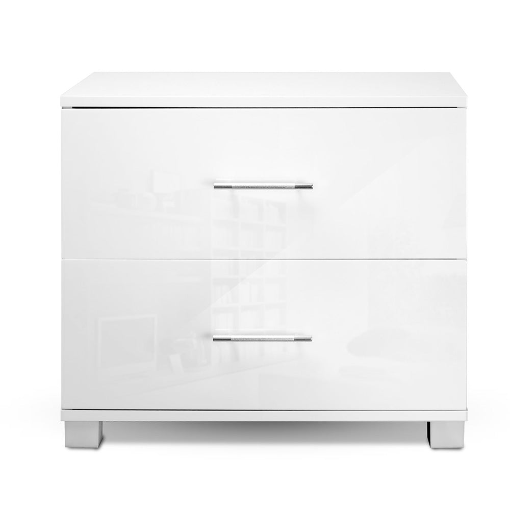 Bedside Table 2 Drawers High Gloss - White