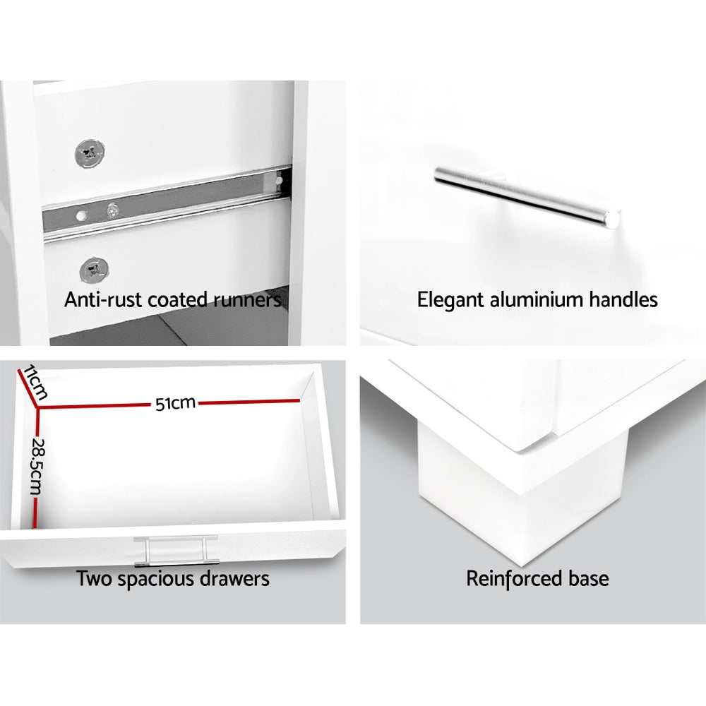 Bedside Table 2 Drawers High Gloss - White