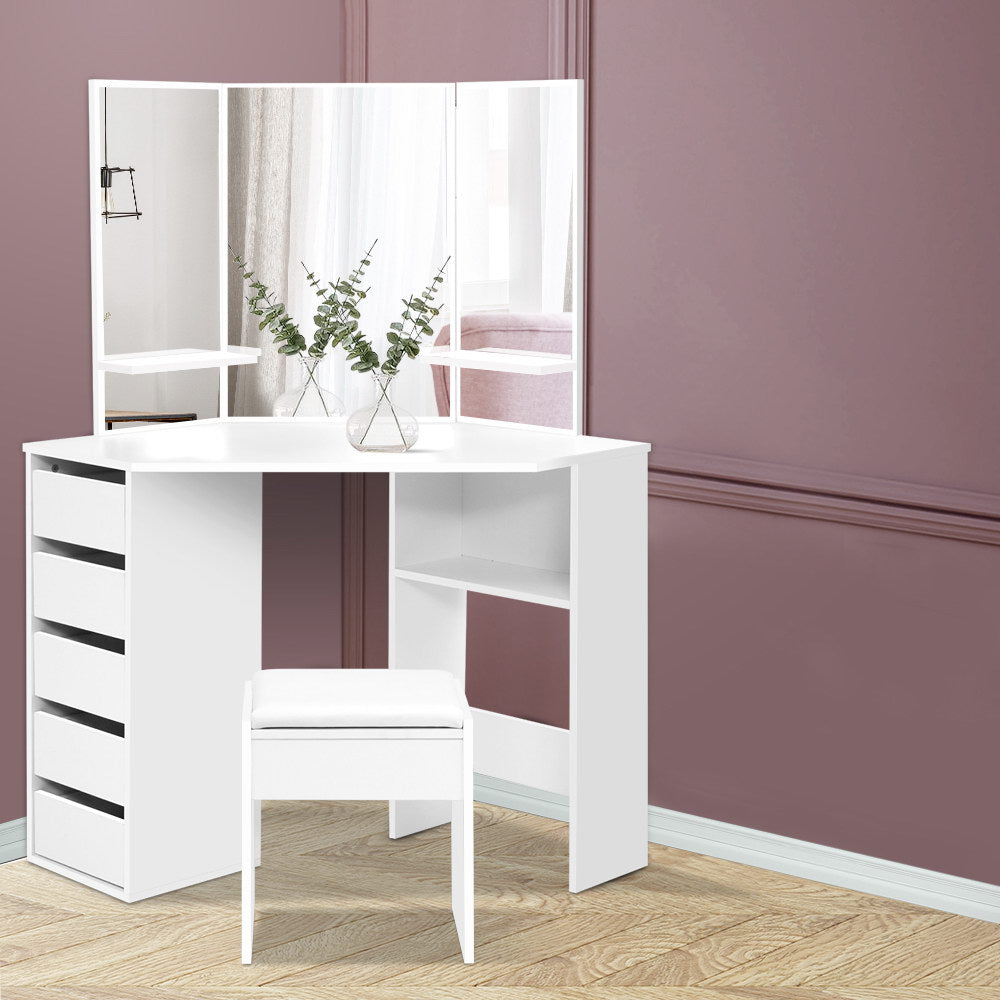 Dressing Table Stool Set Corner 5 Drawers White