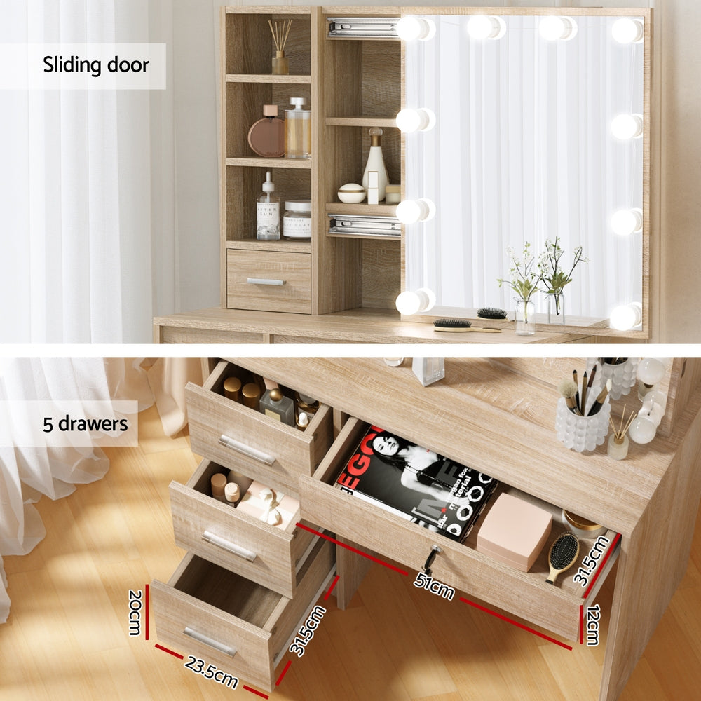 Dressing Table Set Stool 10 Led Bulbs Wood