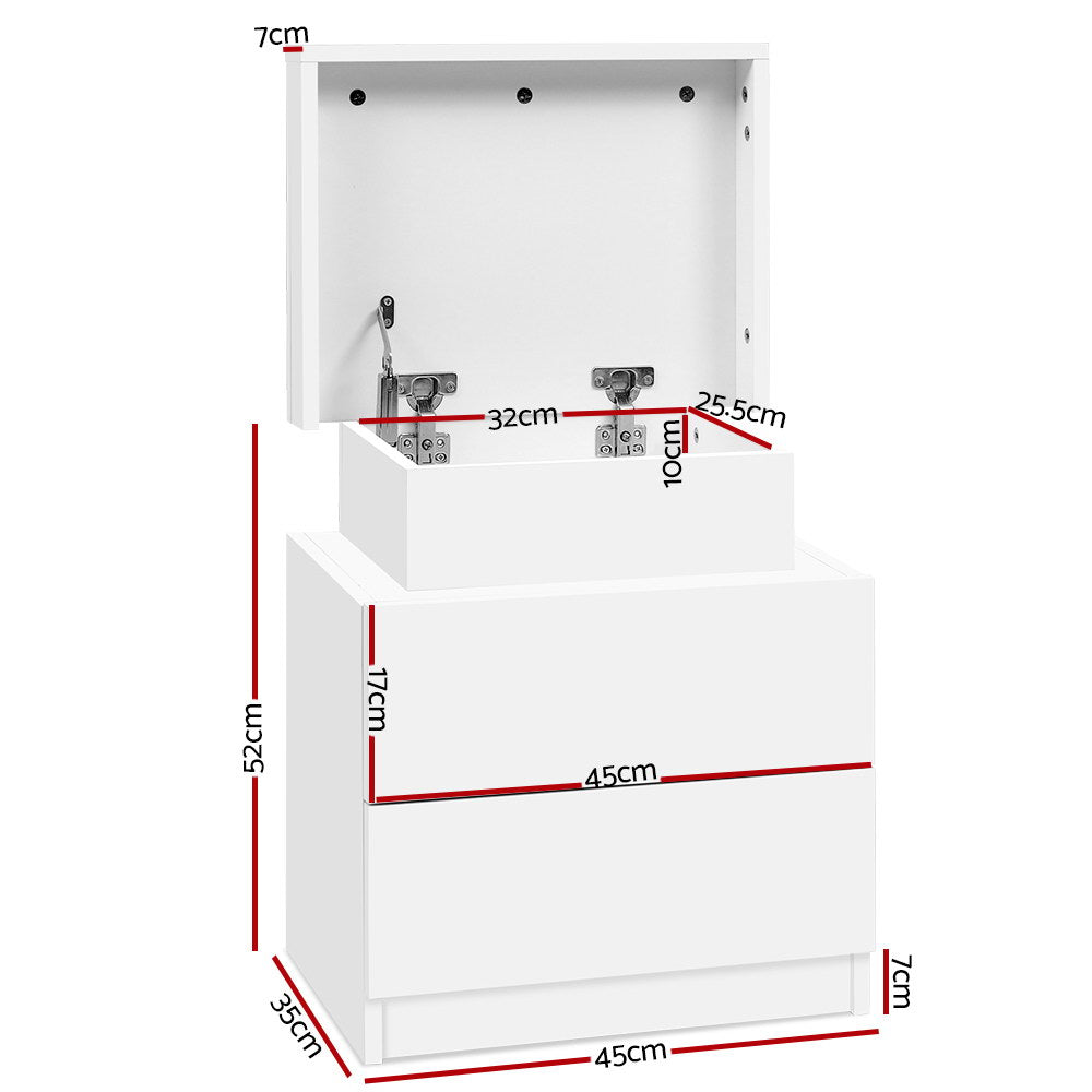 Bedside Table 2 Drawers Lift-up Storage - COLEY White