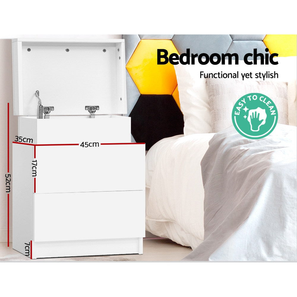 Bedside Table 2 Drawers Lift-up Storage - COLEY White