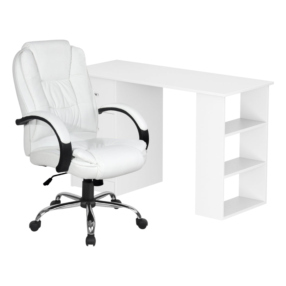 Computer Desk 120cm Executive Office Chair Set PU Leather High Back White