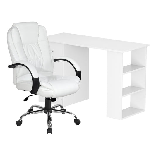 Computer Desk 120cm Executive Office Chair Set PU Leather High Back White