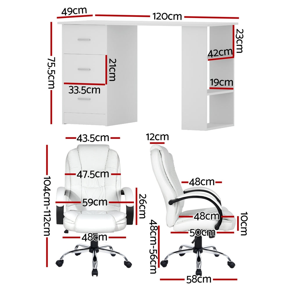 Computer Desk 120cm Executive Office Chair Set PU Leather High Back White