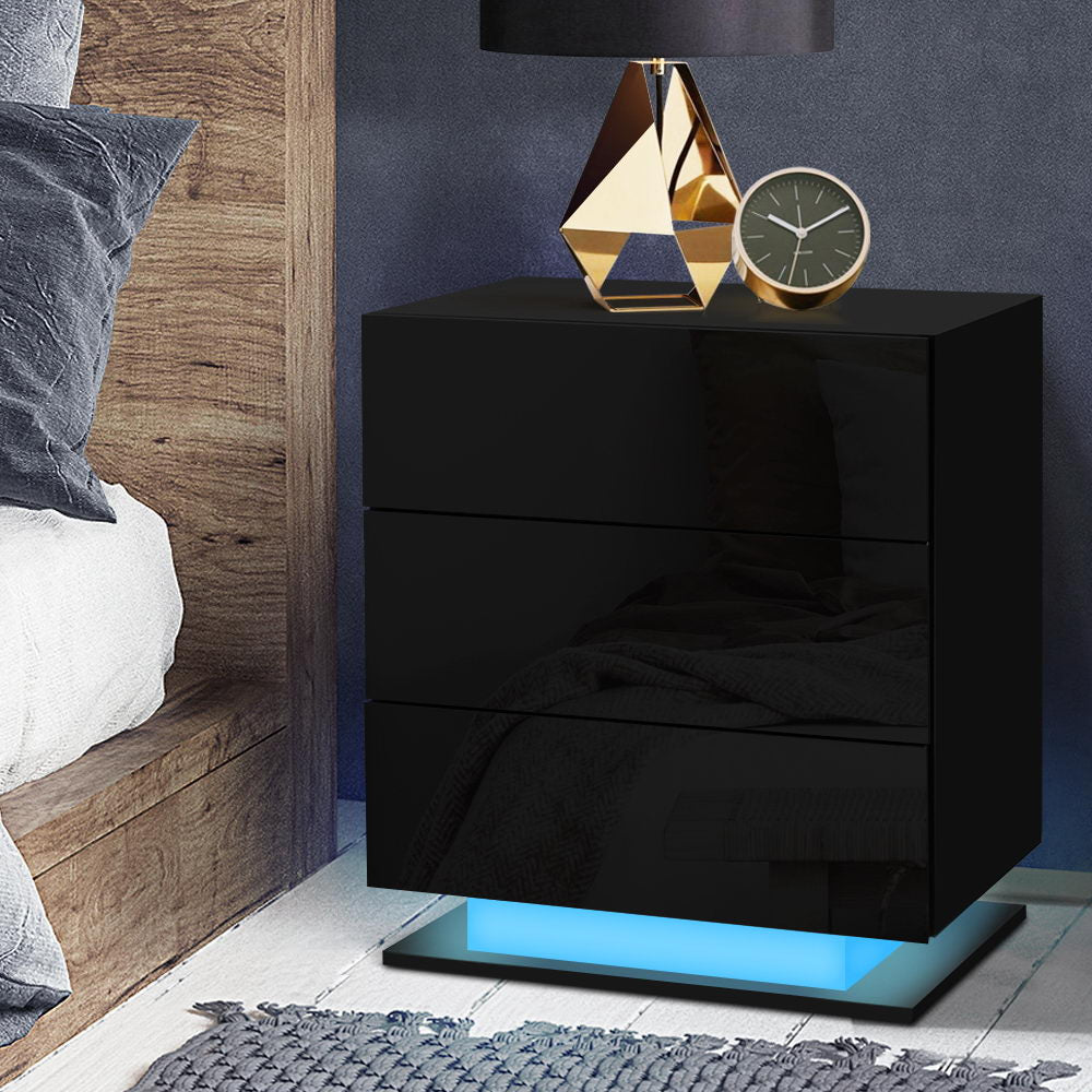 Bedside Table LED 3 Drawers - MORI Black