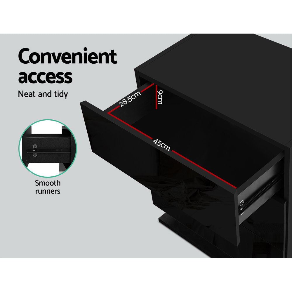 Bedside Table LED 3 Drawers - MORI Black