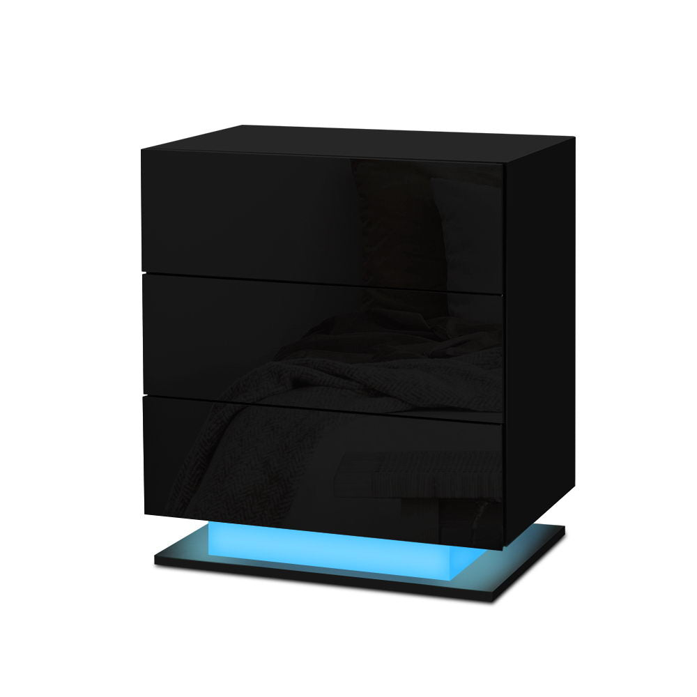 Bedside Table LED 3 Drawers - MORI Black