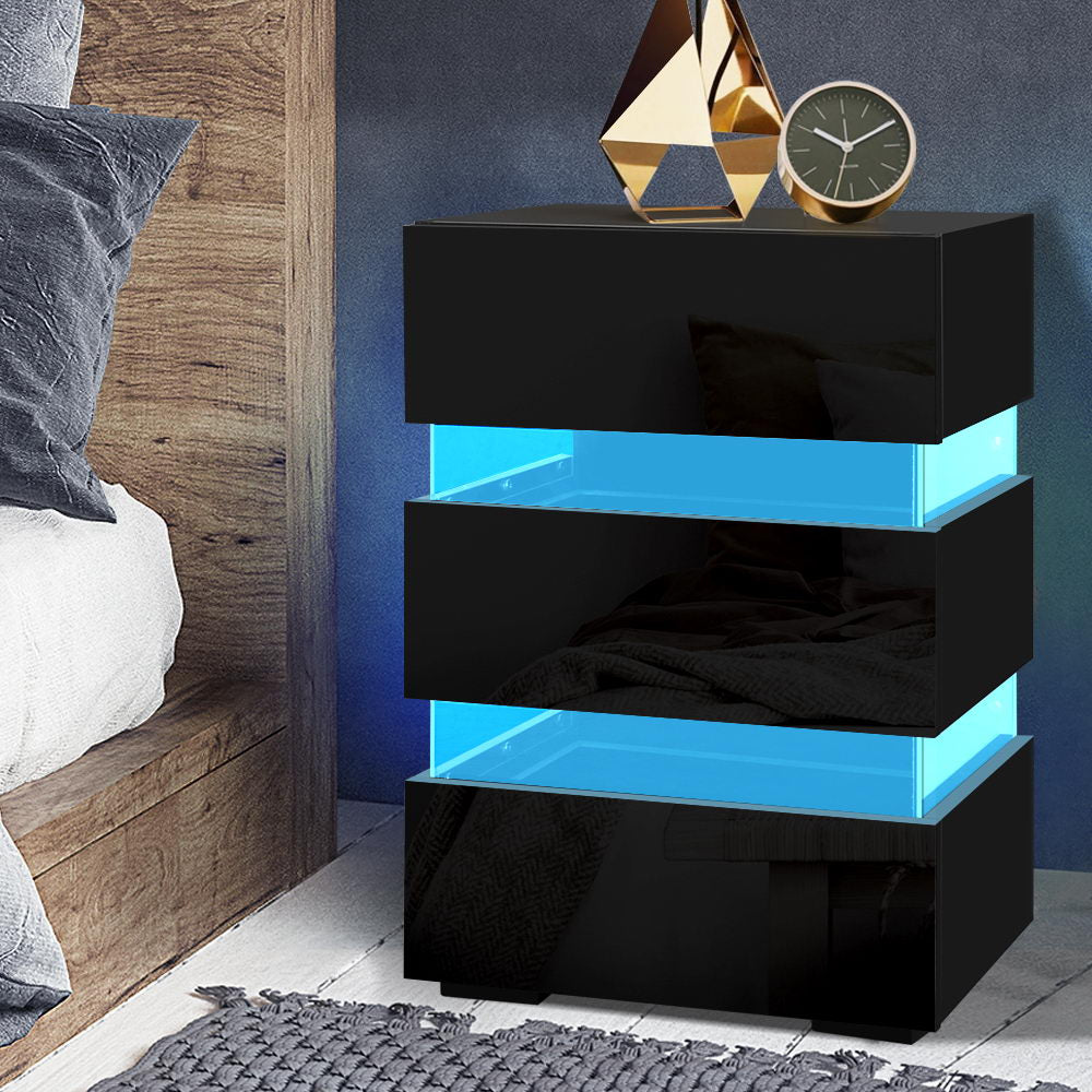 Bedside Table LED 3 Drawers - LUMI Black