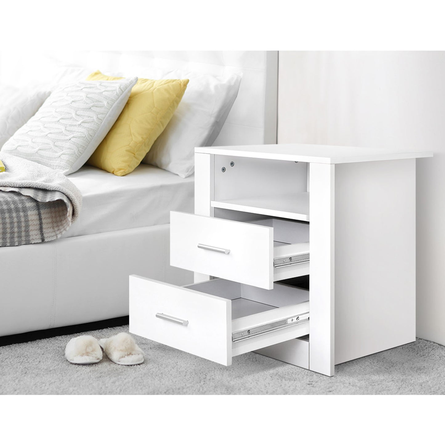 2 X Bedside Table 2 Drawers with Shelf - TARA White