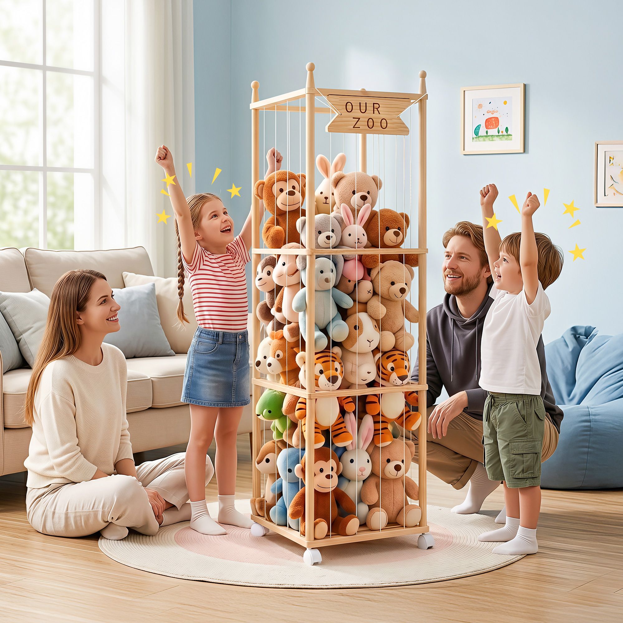 Keezi Stuffed Animal Storage Wooden Toy Holder with Wheels Soft Toy Storage Zoo Cage Stuffy Toy Storage Organizers with Elastic Cords for Playroom Bedroom Nursery