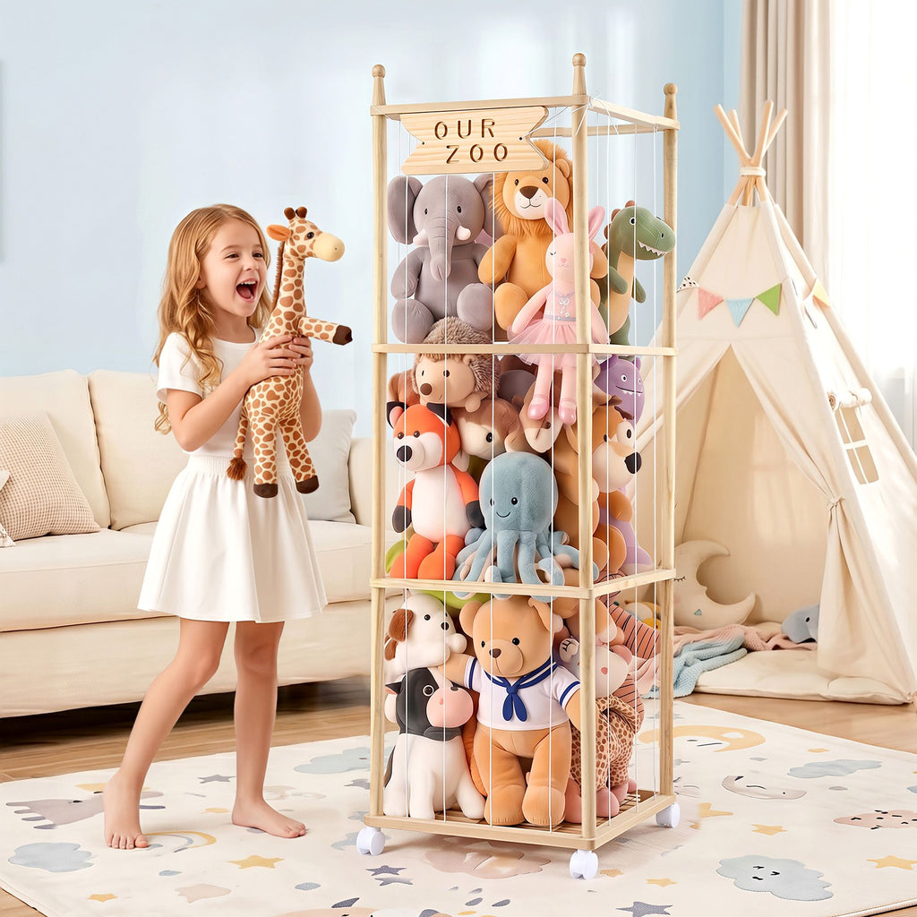 Keezi Stuffed Animal Storage Wooden Toy Holder with Wheels Soft Toy Storage Zoo Cage Stuffy Toy Storage Organizers with Elastic Cords for Playroom Bedroom Nursery