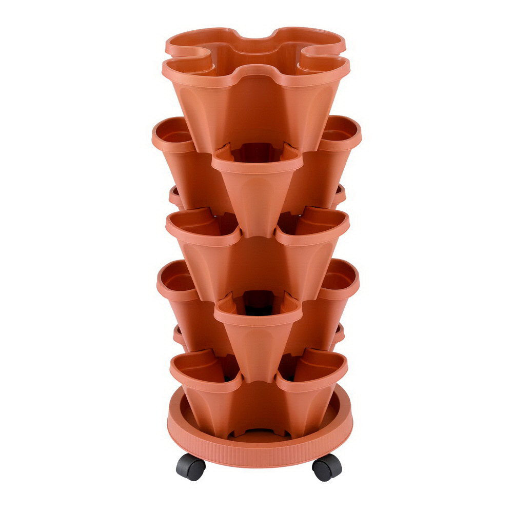 Green Fingers Raised Garden Bed 5 Tier Vertical Garden Brick Red Strawberry Stackable Planters Herbs Petunias