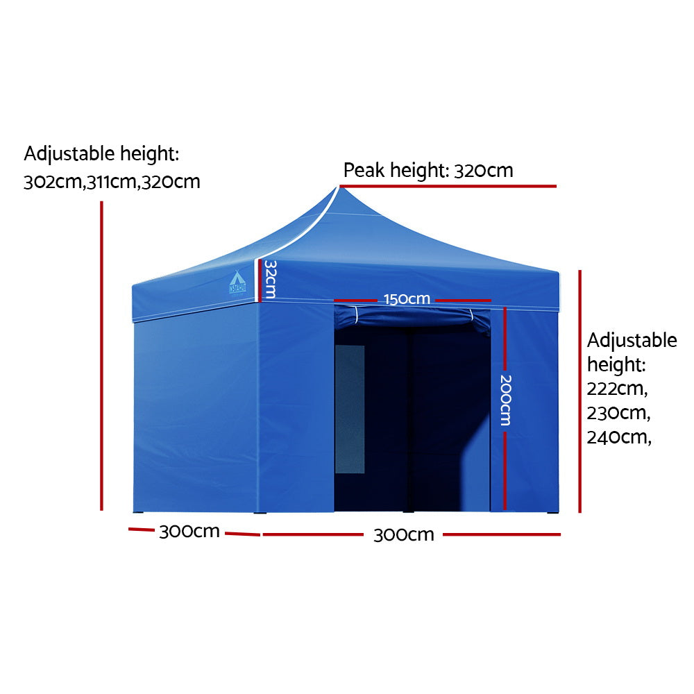 Gazebo Pop Up Marquee 3x3 Folding Tent Wedding Gazebos 500D Oxford Blue