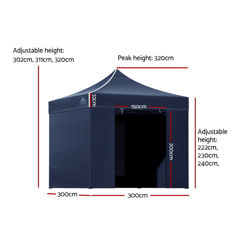 Gazebo Pop Up Marquee 3x3 Folding Tent Gazebos Camping 500D Oxford Navy