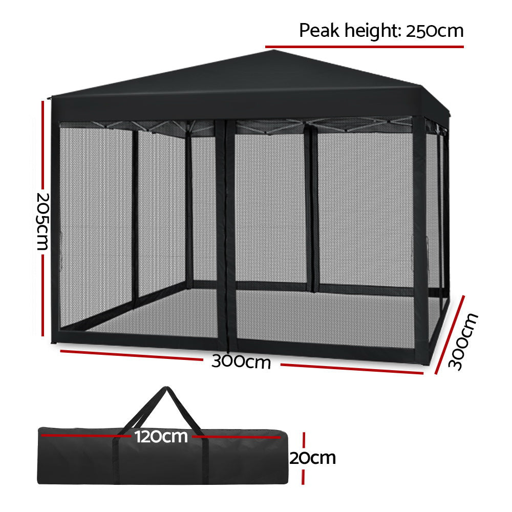 Gazebo Pop Up Marquee 3x3m Wedding Party Outdoor Camping Tent Canopy Shade Mesh Wall Black