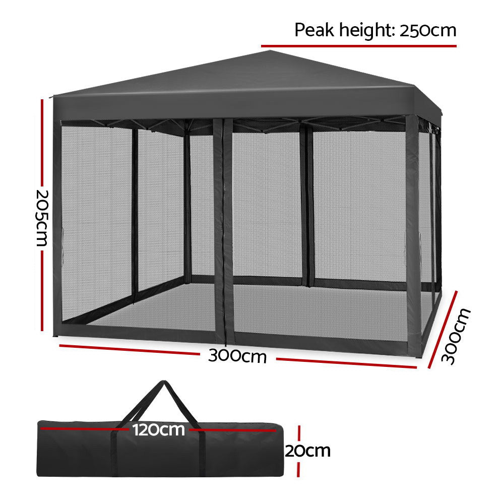 Gazebo Pop Up Marquee 3x3m Wedding Party Outdoor Camping Tent Canopy Shade Mesh Wall Grey