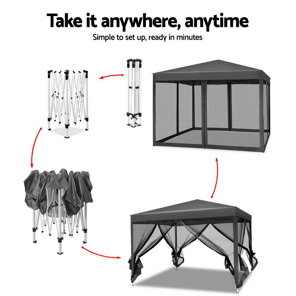 Gazebo Pop Up Marquee 3x3m Wedding Party Outdoor Camping Tent Canopy Shade Mesh Wall Grey
