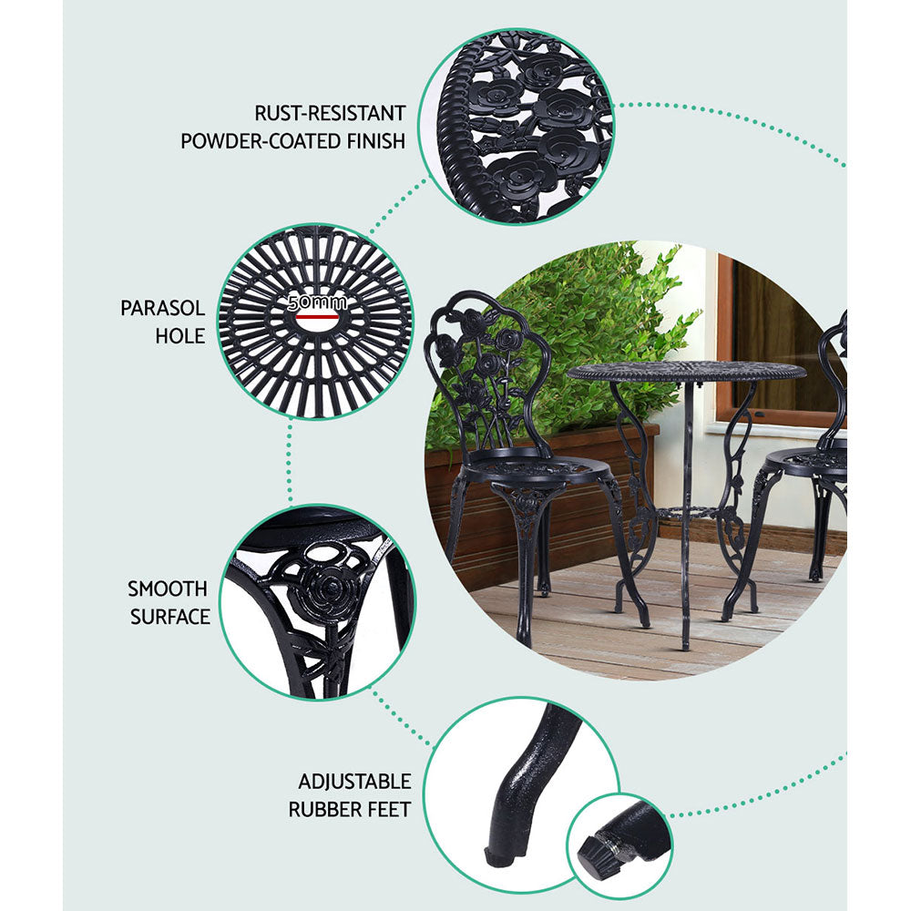 3PC Outdoor Setting Bistro Set Chairs Table Cast Aluminum Rose Black