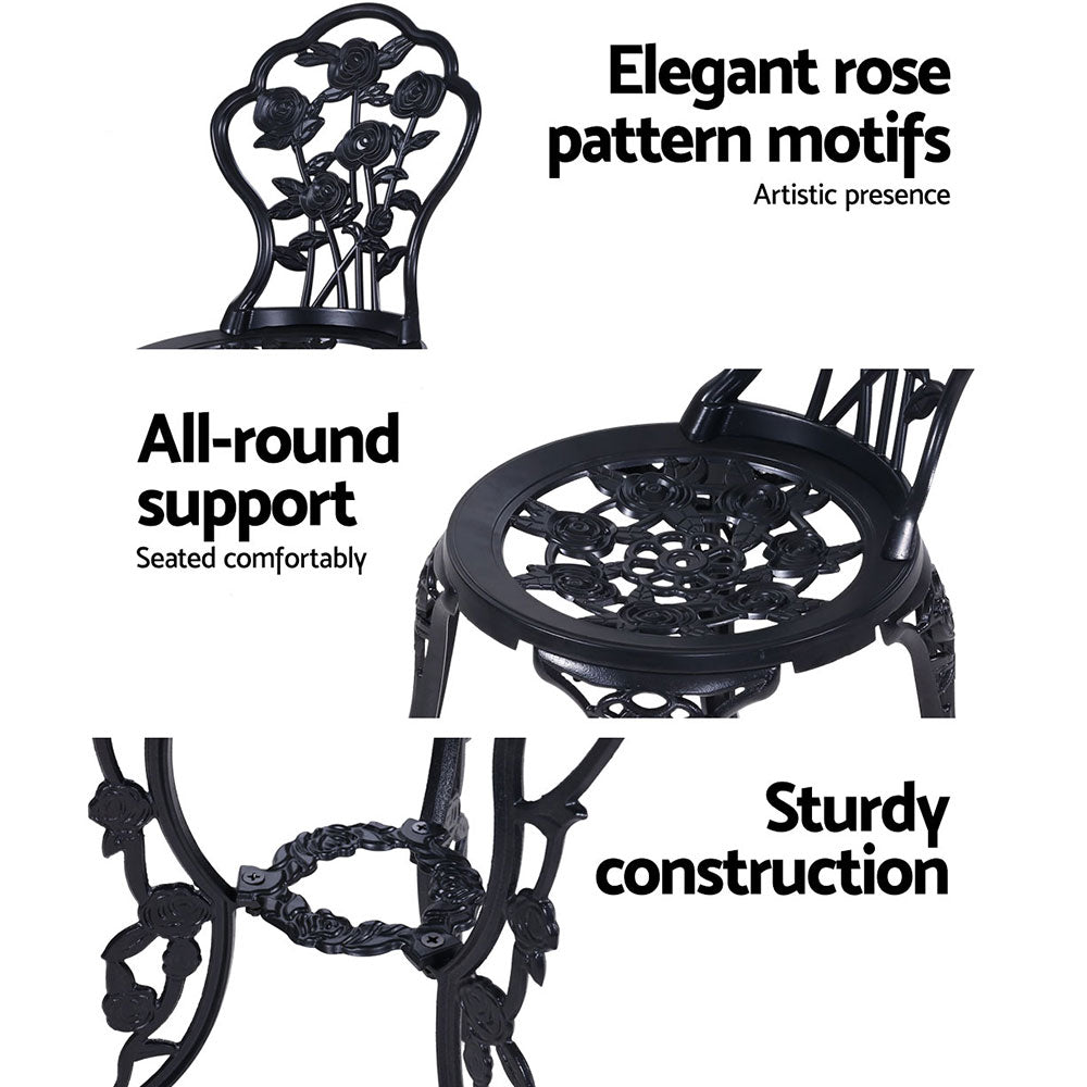 3PC Outdoor Setting Bistro Set Chairs Table Cast Aluminum Rose Black