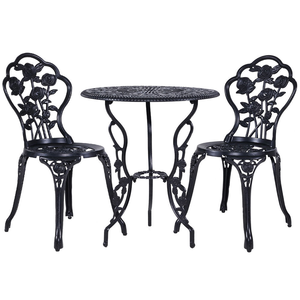 3PC Outdoor Setting Bistro Set Chairs Table Cast Aluminum Rose Black