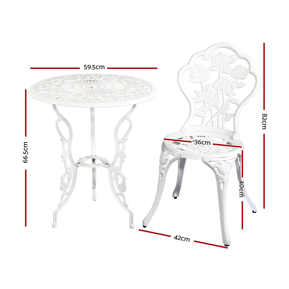 3PC Outdoor Setting Bistro Set Chairs Table Cast Aluminum Patio Furniture Rose White