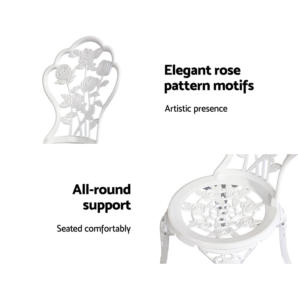 3PC Outdoor Setting Bistro Set Chairs Table Cast Aluminum Patio Furniture Rose White