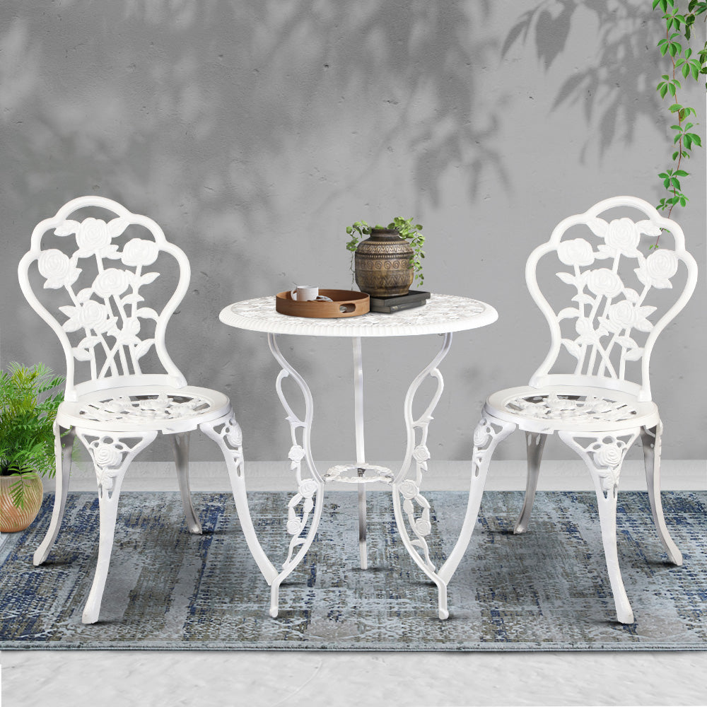 3PC Outdoor Setting Bistro Set Chairs Table Cast Aluminum Patio Furniture Rose White