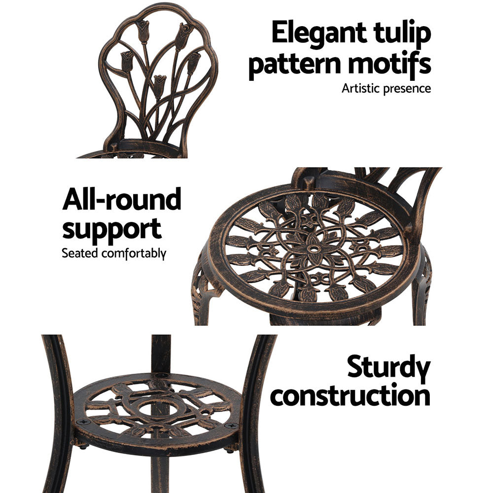 3PC Outdoor Setting Bistro Set Chairs Table Cast Aluminum Patio Furniture Tulip Bronze