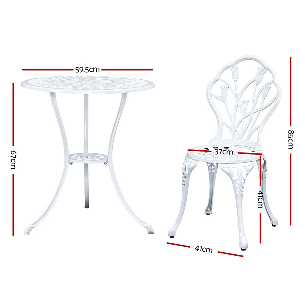 3PC Outdoor Setting Bistro Set Chairs Table Cast Aluminum Patio Furniture Tulip White
