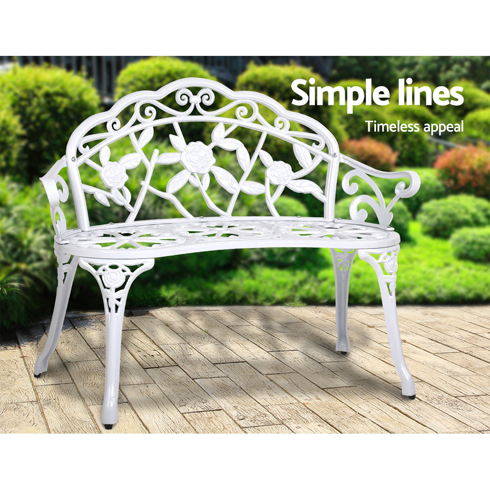Outdoor Garden Bench Seat 100cm Cast Aluminium Outdoor Patio Chair Vintage White