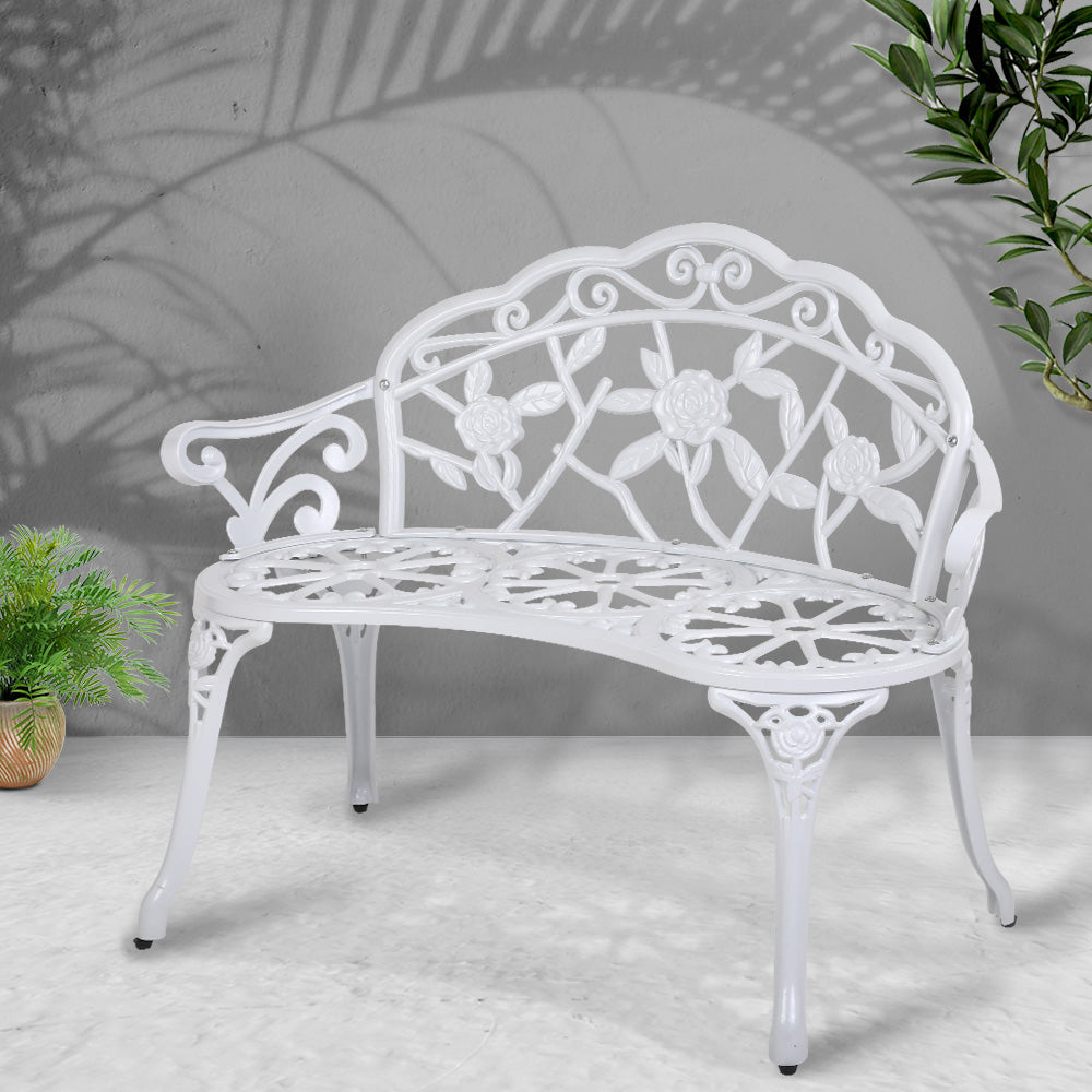 Outdoor Garden Bench Seat 100cm Cast Aluminium Outdoor Patio Chair Vintage White