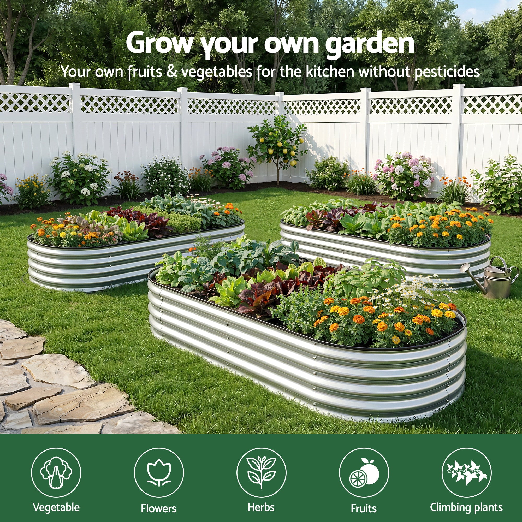 Green Fingers Raised Garden Bed Galvanised Oval Metal Planter Box Large Outdoor 120x60x30cm Silver