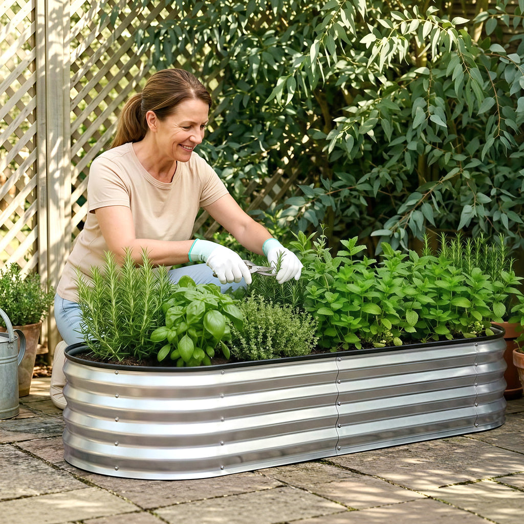 Green Fingers Raised Garden Bed Galvanised Oval Metal Planter Box Large Outdoor 120x60x30cm Silver