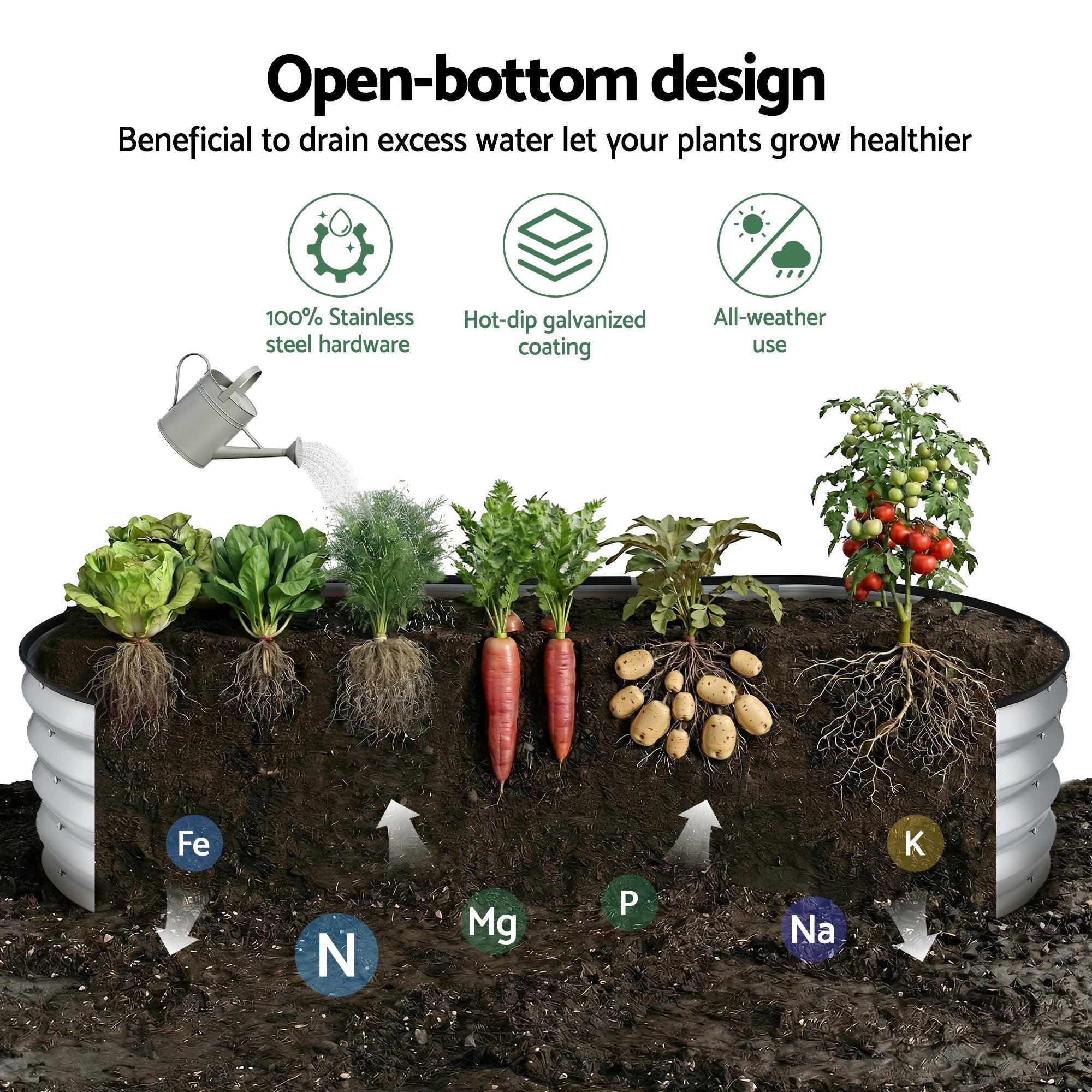 Green Fingers Raised Garden Bed Galvanised Oval Metal Planter Box Large Outdoor 120x60x30cm Silver