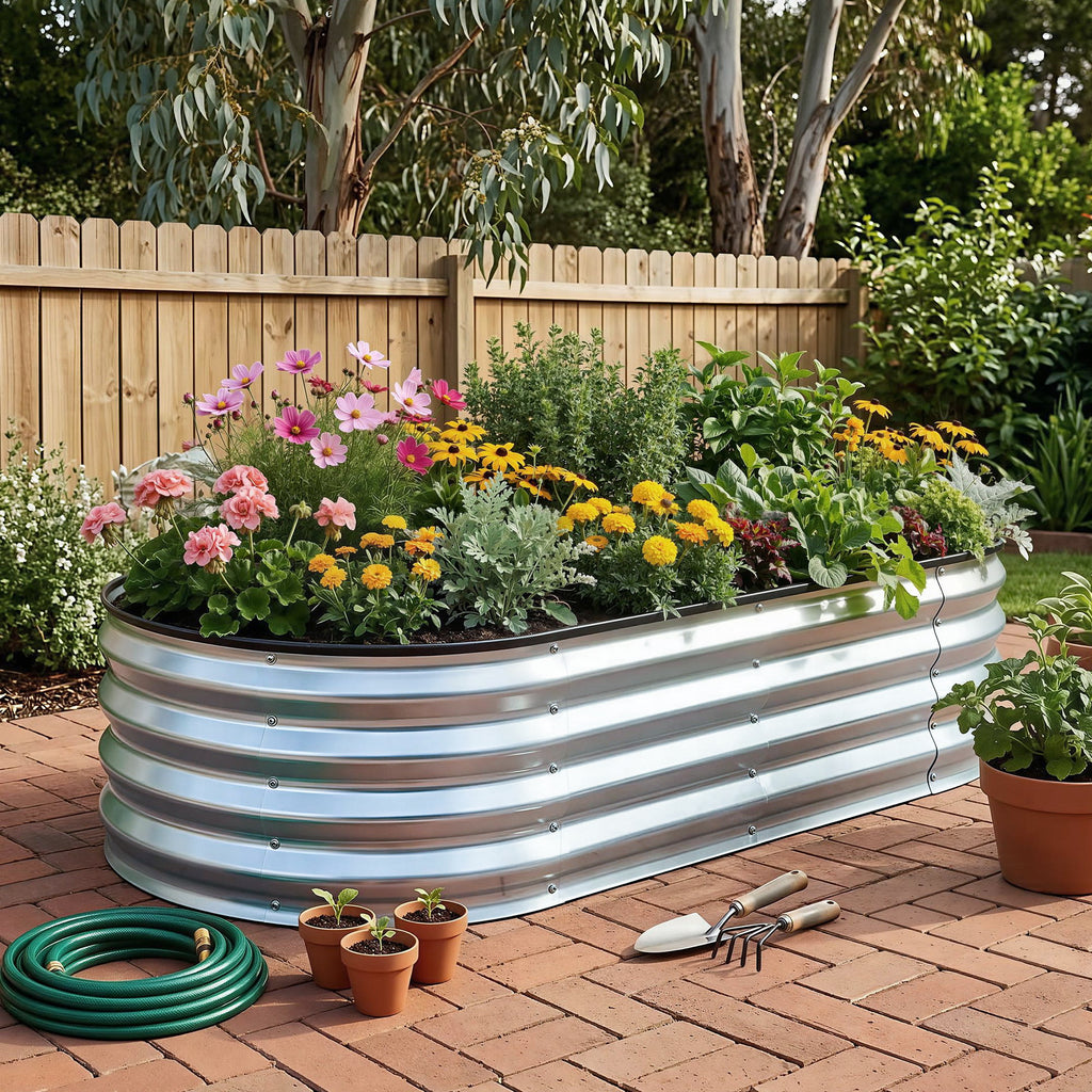 Green Fingers Raised Garden Bed Galvanised Oval Metal Planter Box Large Outdoor 120x60x30cm Silver