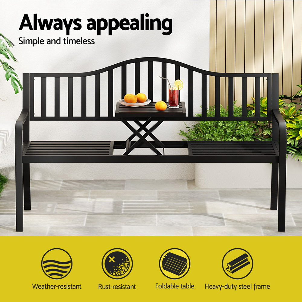 Outdoor Garden Bench Seat Loveseat Steel Foldable Table Patio Furniture Black