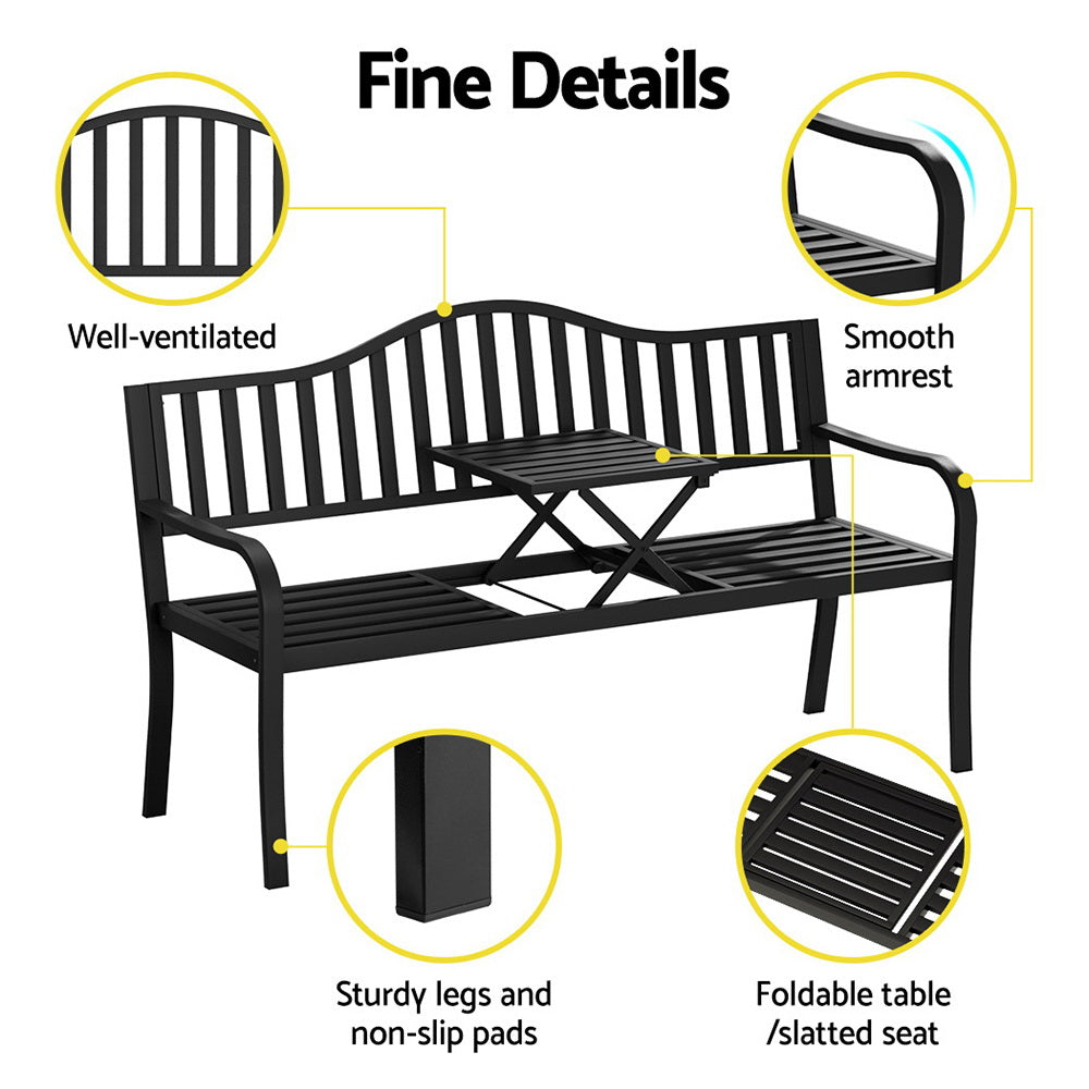 Outdoor Garden Bench Seat Loveseat Steel Foldable Table Patio Furniture Black