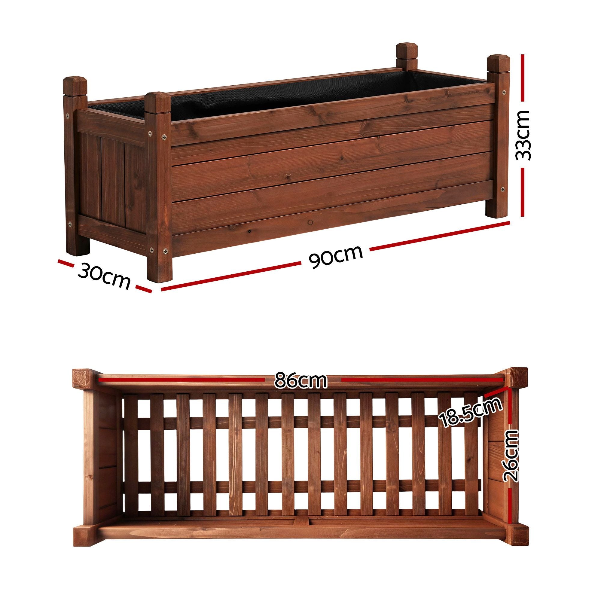 Green Fingers Garden Bed Wooden Planter Box Raised Container Growing 90x30x33cm Brown