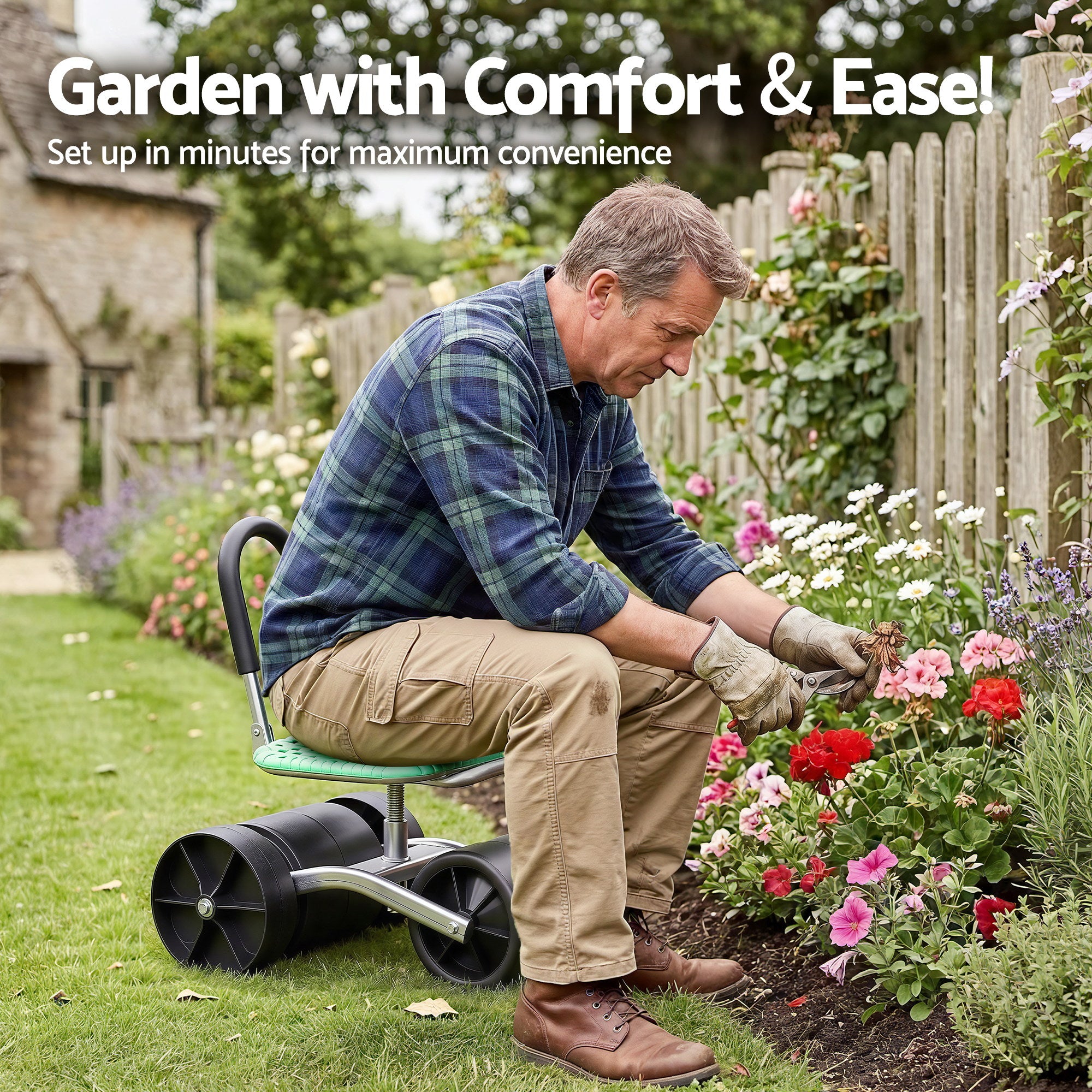 Gardeon Gardening Cart with 360° Swivel Seat | Rolling Work Seat with Adjustable Height & All-Terrain Wheels | 130KG Capacity Heavy Duty Garden Scooter for Back Pain Relief & Vehicle Detailing | Foldable Backrest & Ventilated Seat, Green