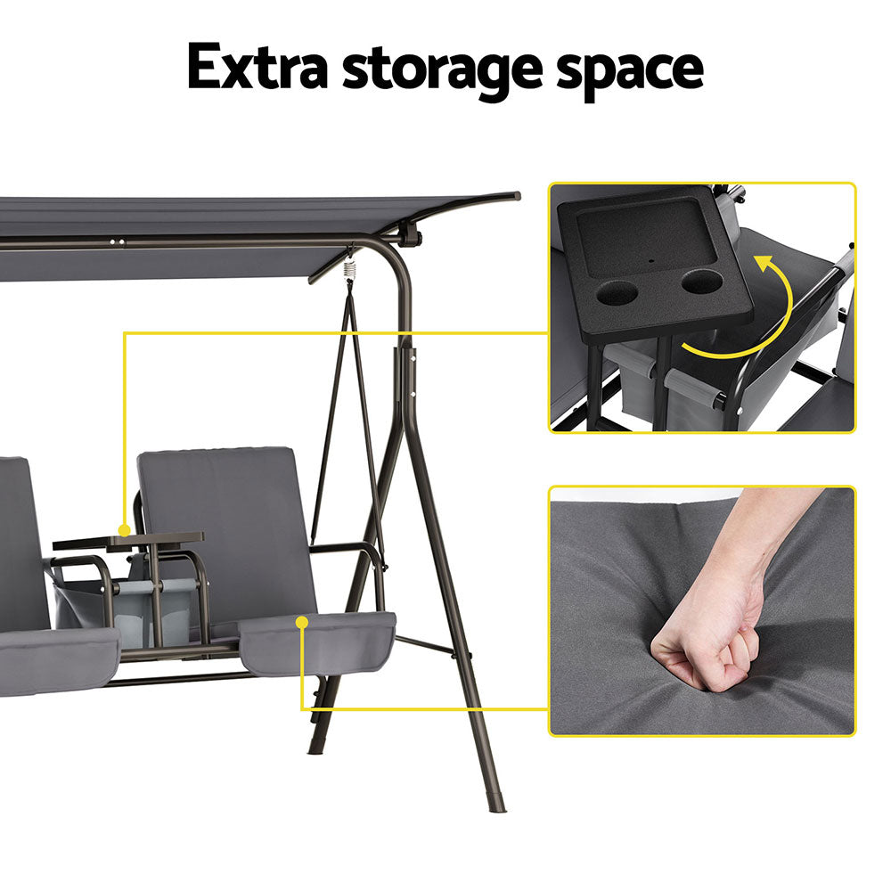 Outdoor Swing Chair Garden Chair Canopy Cup Holder 2 Seater Grey