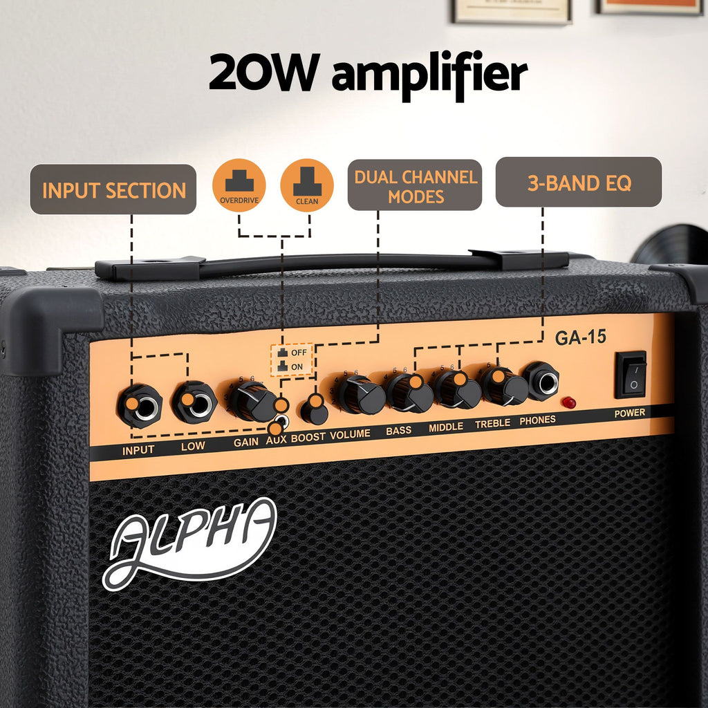 Alpha 20W Guitar Amplifier Portable Practice Amp Overdrive 3-Band EQ Black