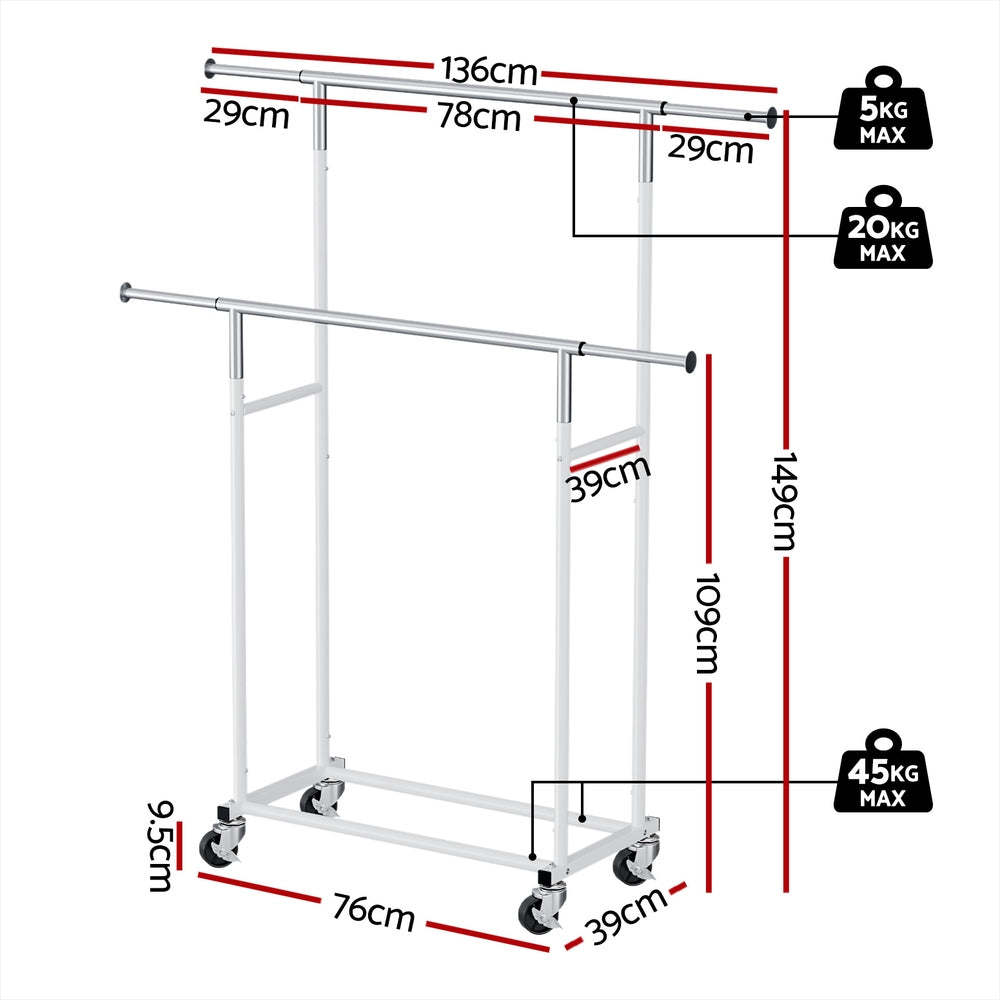 Clothes Rack Double Rod Airer Rail Coat Stand Adjustable Hanger