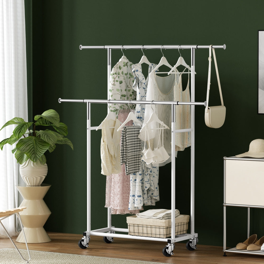 Clothes Rack Double Rod Airer Rail Coat Stand Adjustable Hanger