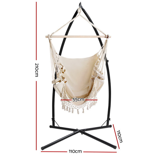 Hammock Chair with Steel Stand Hanging Outdoor Tassel Cream