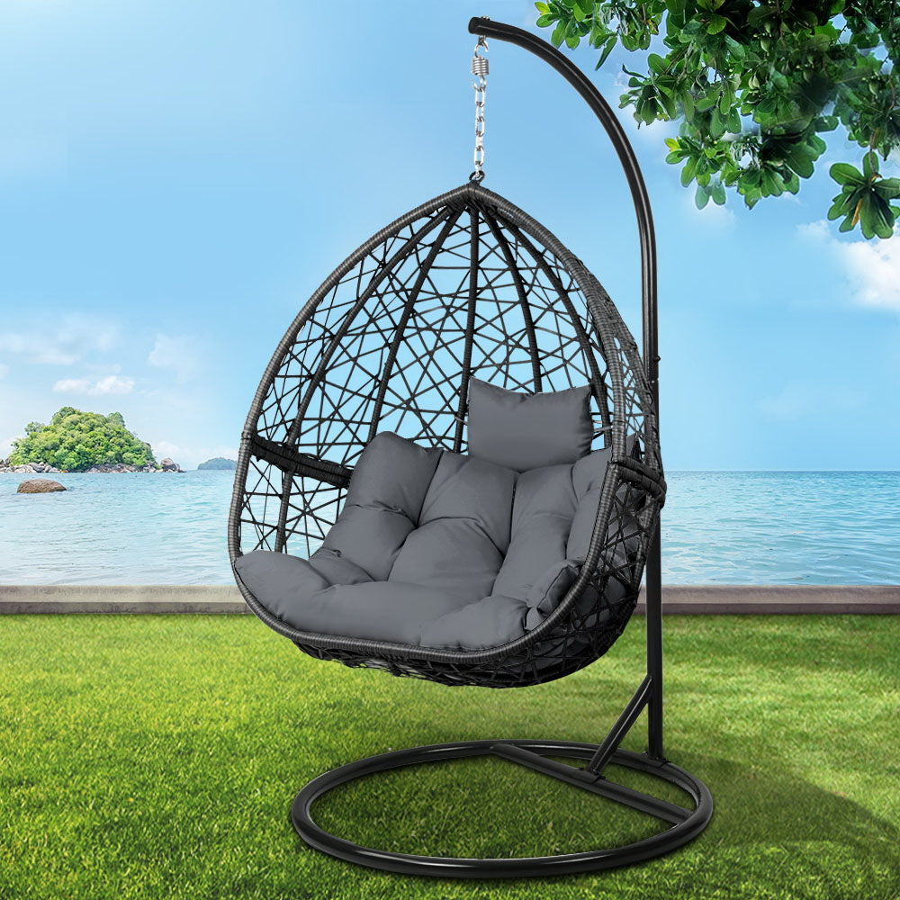 Outdoor Egg Swing Chair Wicker Rattan Furniture Pod Stand Cushion Grey
