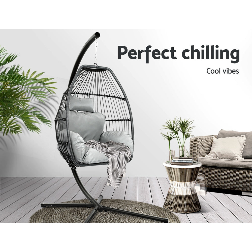Outdoor Egg Swing Chair Wicker Rope Furniture Pod Stand Cushion Grey
