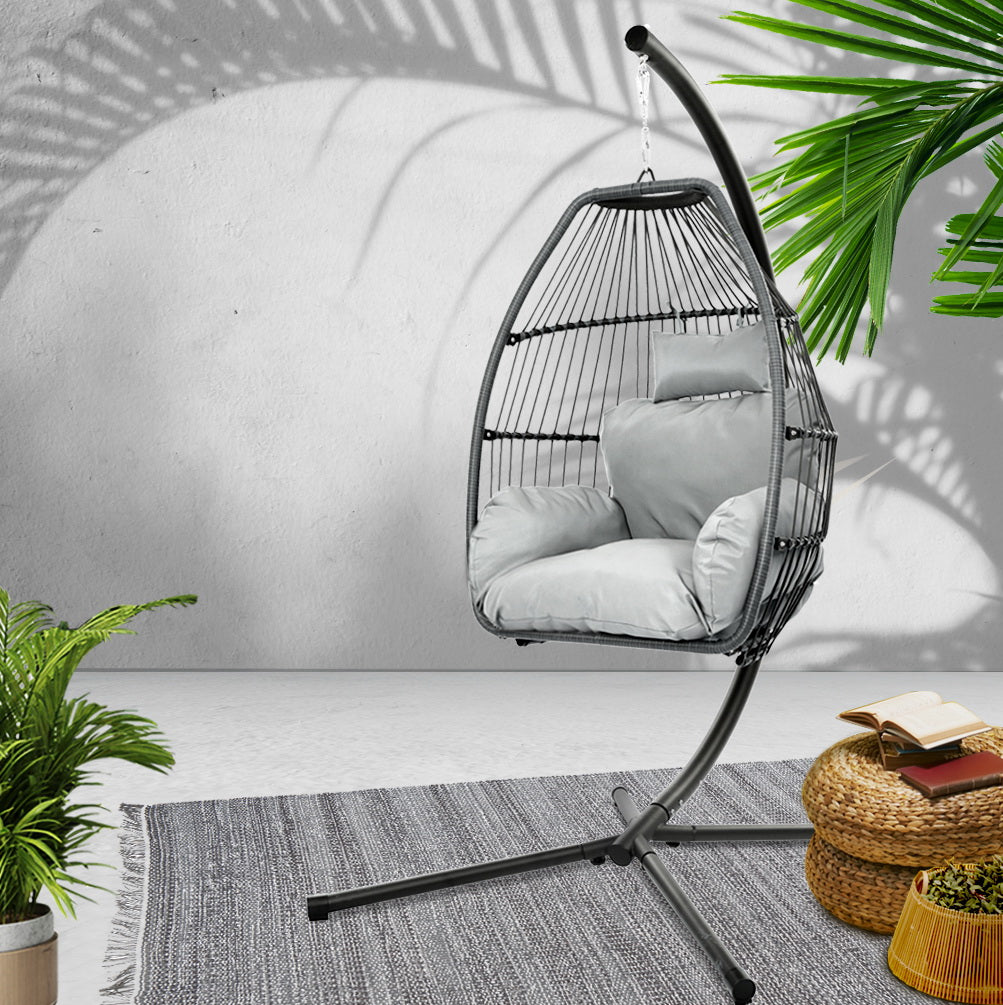 Outdoor Egg Swing Chair Wicker Rope Furniture Pod Stand Cushion Grey