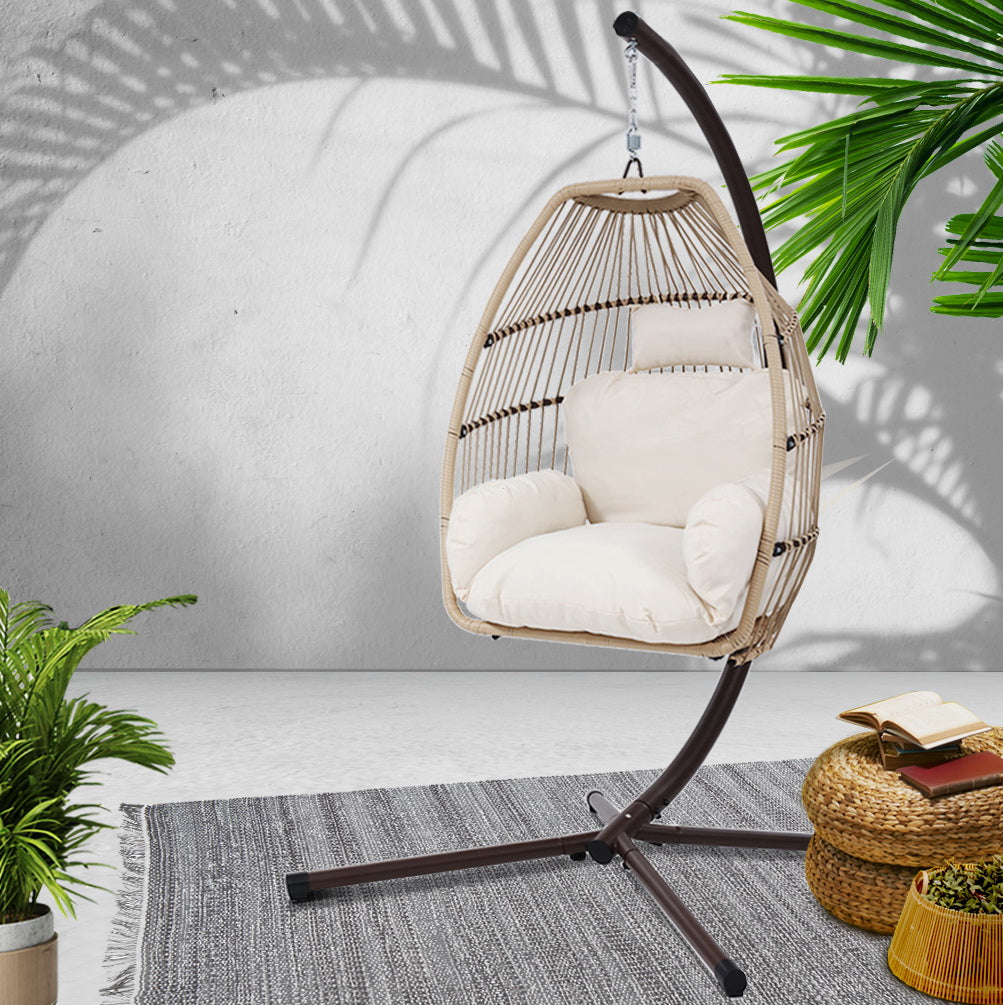 Outdoor Egg Swing Chair Hanging Chair Wicker Rope Pod Stand Cushion Latte