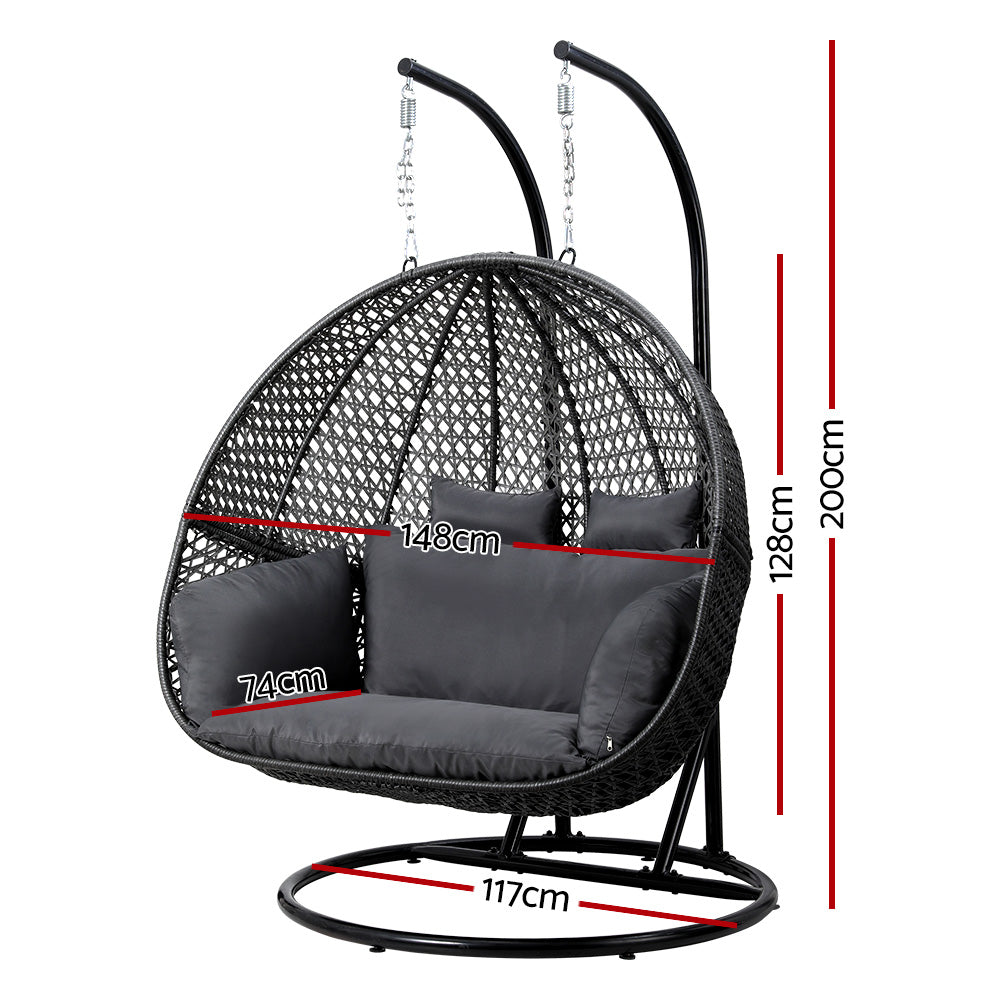 Outdoor Egg Swing Chair Wicker Furniture Pod Stand Cushion 2 Seater Grey